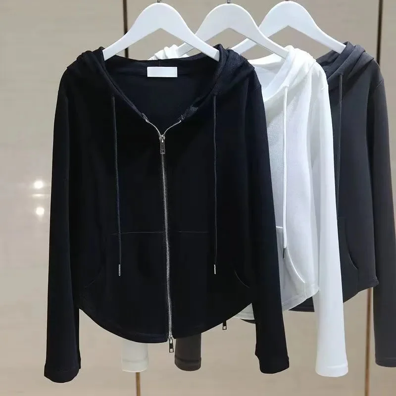 Cardigan Outerwear Zipper Female Hooded T-Shirt Women's Long Sleeves Coat 2024Spring Autumn New Korean Jacket Short Overcoat Top