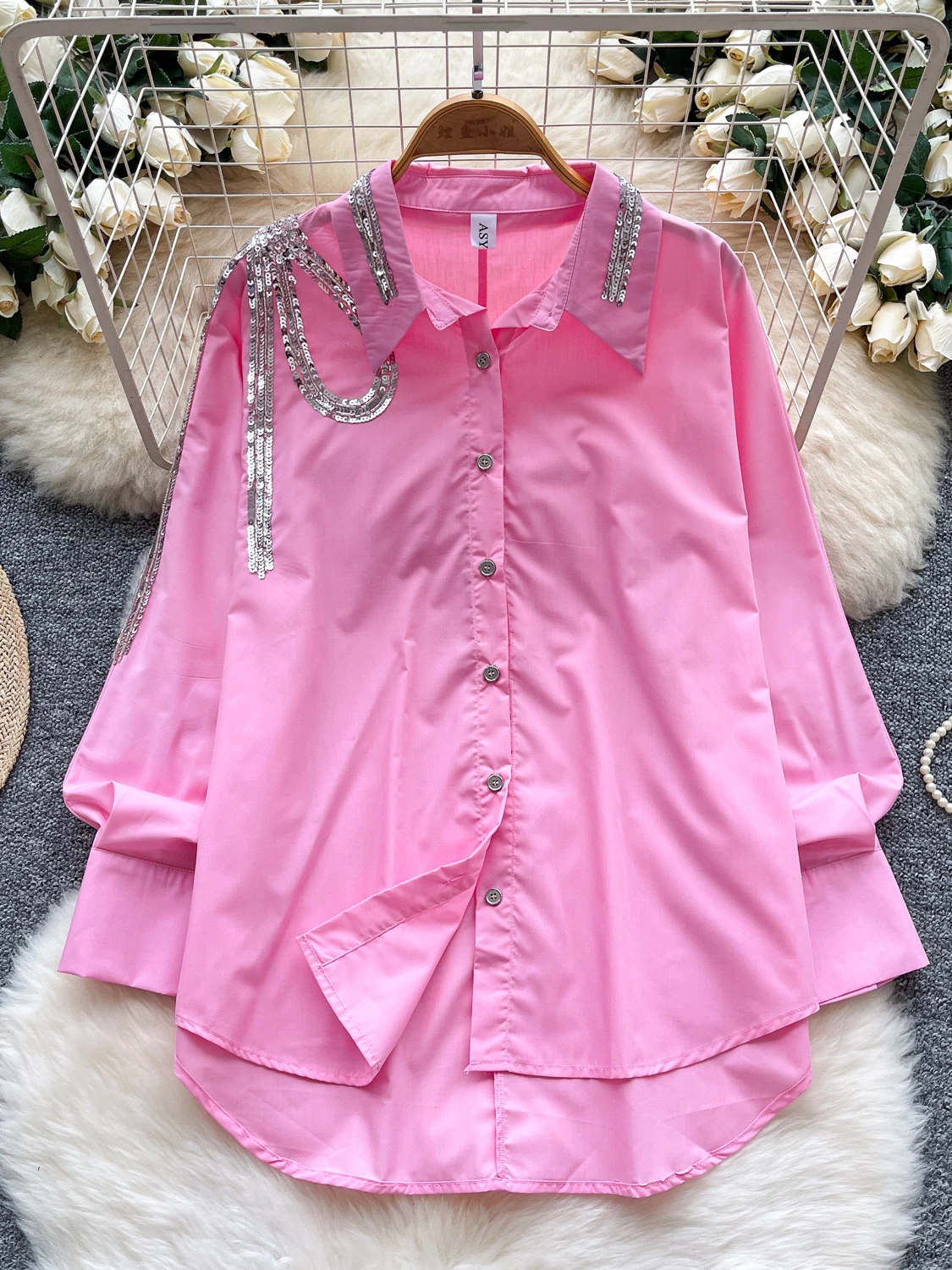 

Faionable Heavy Embellied Long Sve irt Women's Loose Slimming Top Single Button Stand Collar Korean Sle Polyester ...