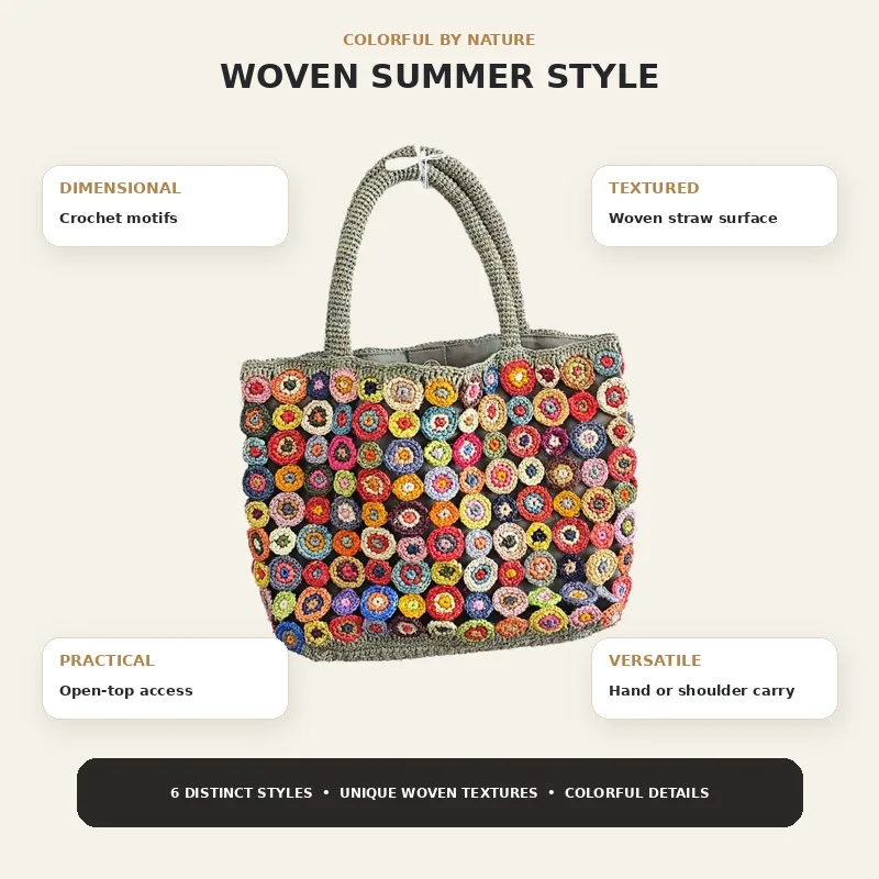 Women's Colorful Raffia Woven Tote Bag Handmade Straw Shoulder Handbag Summer Beach Bag Large Capacity Boho Vacation Purse