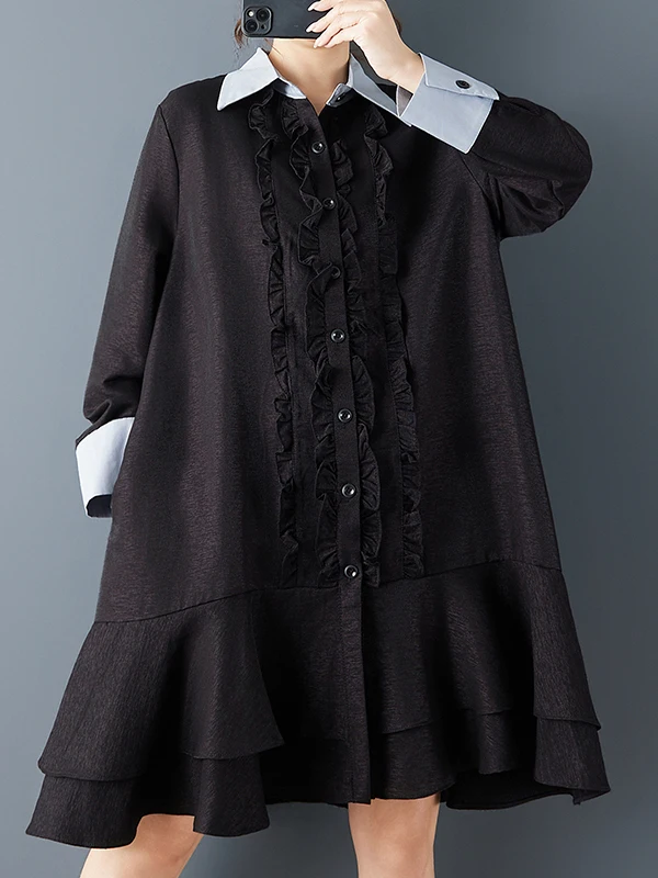 

Весна 2026: Женское модное свободное платье-рубашка с плиссировкой, в стиле колор-блок, с воротником, на пуговицах, с длинным рукавом, А-силуэт, в темном стиле