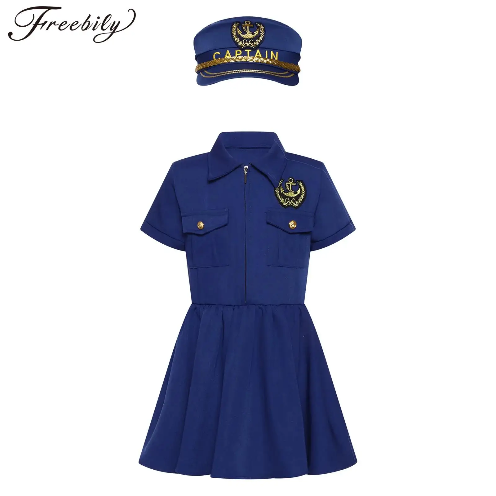 

Kids Girls Navy Captain Uniforms Halloween Themed Party Flight Pilot Cosplay Costume Short Sleeve Zipper Dress with Badge Hat