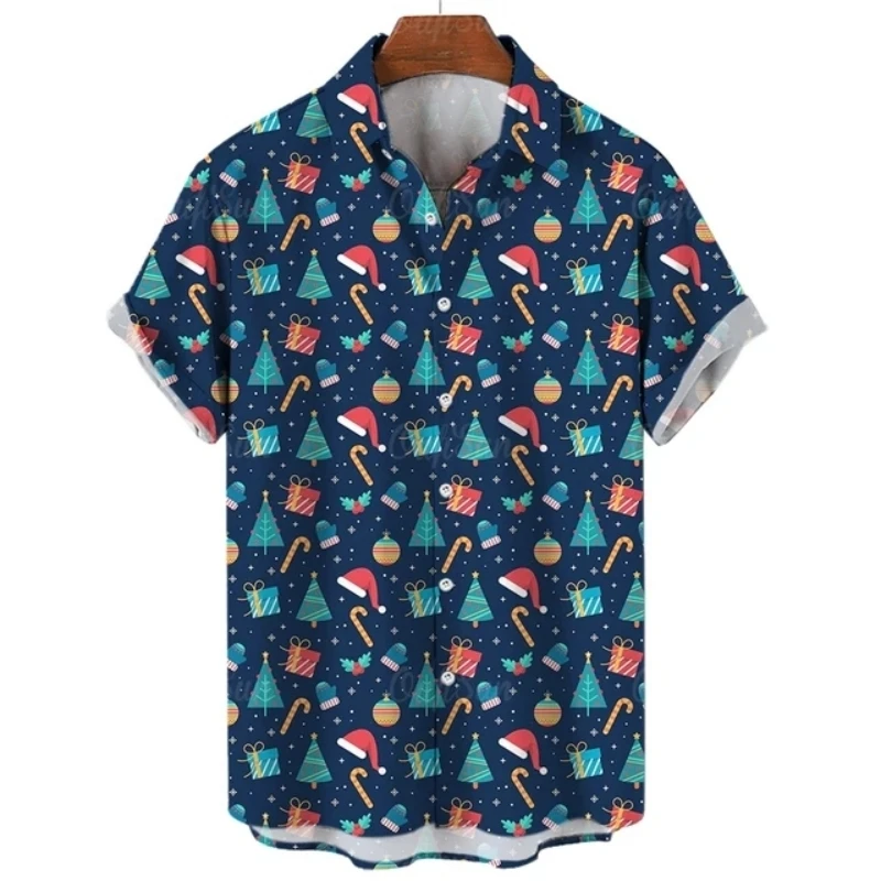 Xmas New Year Gingerbread Christmas Hawaiian Shirt Men\'s 3D Snowman Print Street Short Sleeved Loose Clothes For Men Clothing