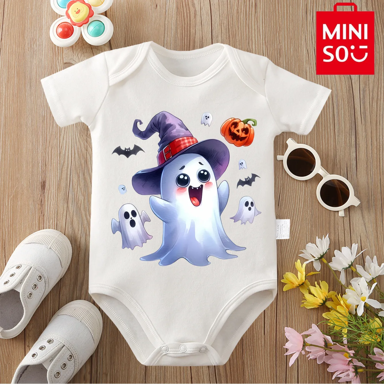MINISO 100% ملابس قطنية بلدي أول هالوين شبح الخفافيش كاندي طباعة ارتداءها للطفل نيسيي بذلة لحديثي الولادة 0 إلى 12 شهرا