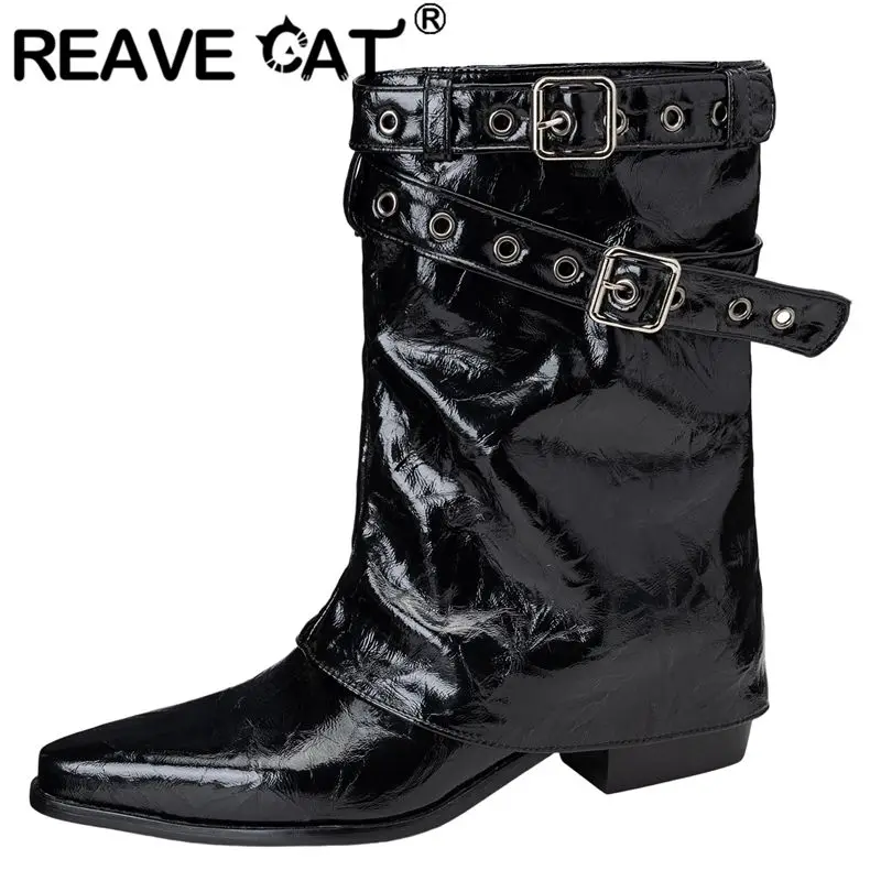 

REAVE CAT 2025: зимняя женская обувь до середины икры в стиле ретро, туфли на блочном каблуке с острым носком, металлические слипоны 5,5 см, большой размер 46 47 48