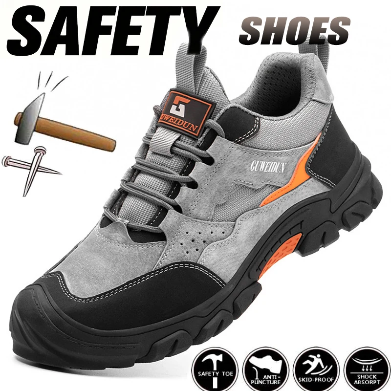 Men Safety Work Shoes Cowhide Hiking Shoes Anti-slip Working Sneakers Plastic Toe Safety Boots Fashion Anti-puncture Security