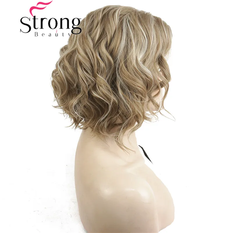 StrongBeauty Women Synthetic Wig Medium Length Curly Light golden Highlighted/Balayage Hair Natural Wigs