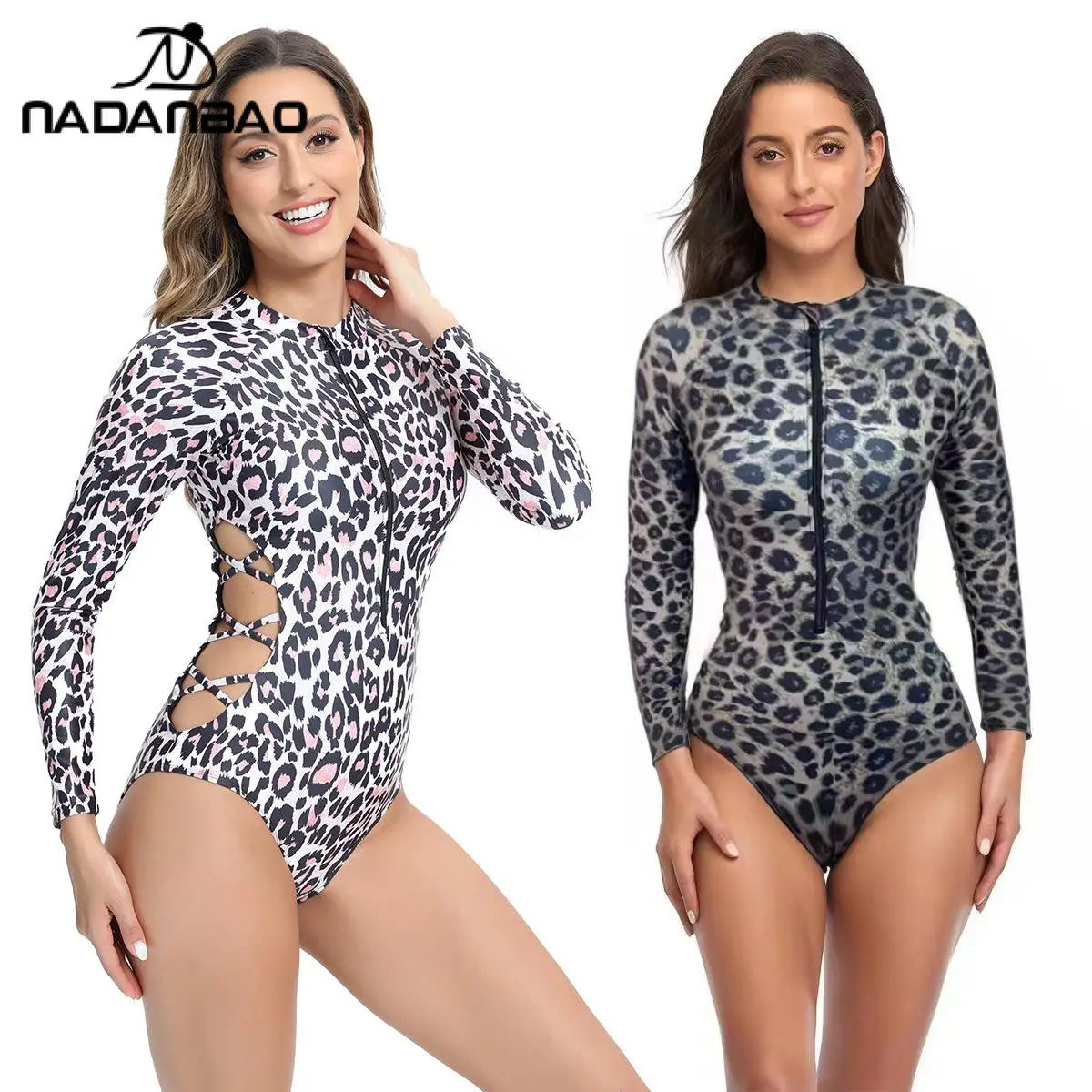 

Nadanbao Swimwear Women Long Sleeved Leopard Printed Swimwear Female Bathers Bathing Bodysuit Beach Suit