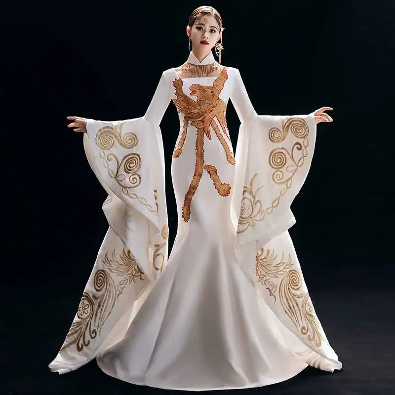 White Gold Phoenix Embroidery Wide Sleeves Fish Tail Chinese Style Host Runway Show Vocal Art Exam Performance Dress