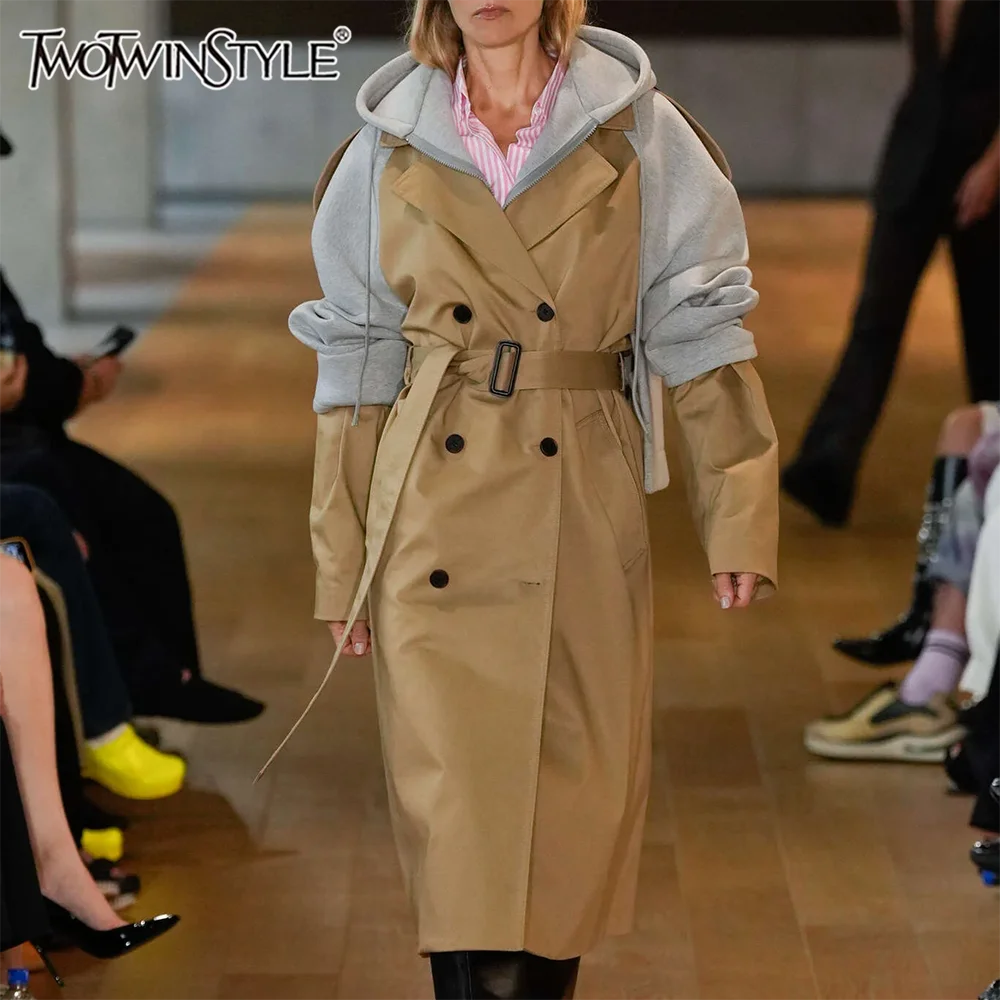 

TWOTWINSTYLE Hit Color Spliced Lace Up Fashion Trenchs for Women Hooded Collar Long Sleeves Patchwork Zipper Trench Female New