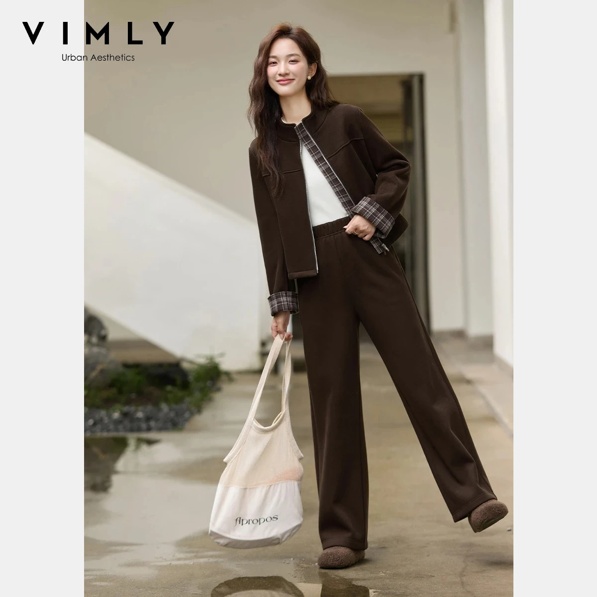VIMLY femmes marron deux pièces ensemble hiver 2025 épissé Plaid col montant fermeture éclair hauts pantalons à jambes larges décontracté dame pantalons ensembles A3097