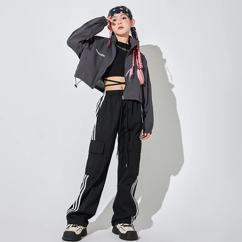Kids Kpop Hip Hop Clothing Windbreaker Pullover Jacket Crop Top Streetwear Cargo Pants for Girls Boys Jazz Dance Costume Clothes