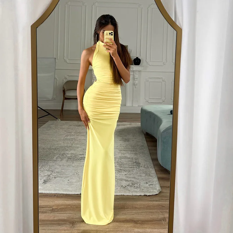 Vestido de noche sin tirantes con espalda descubierta y cuello redondo sin mangas de Color sólido para mujer Verano 2025