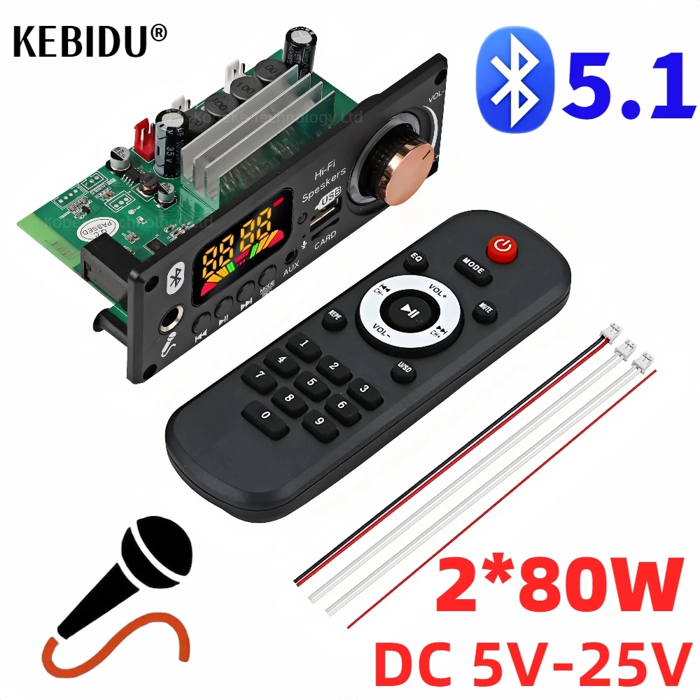 160W DIY Home Digital Amplifier MP3 Decoder Board 12V 80W Audio Bluetooth 5.1 FM For Car Music Subwoofer Speakers Volume Control