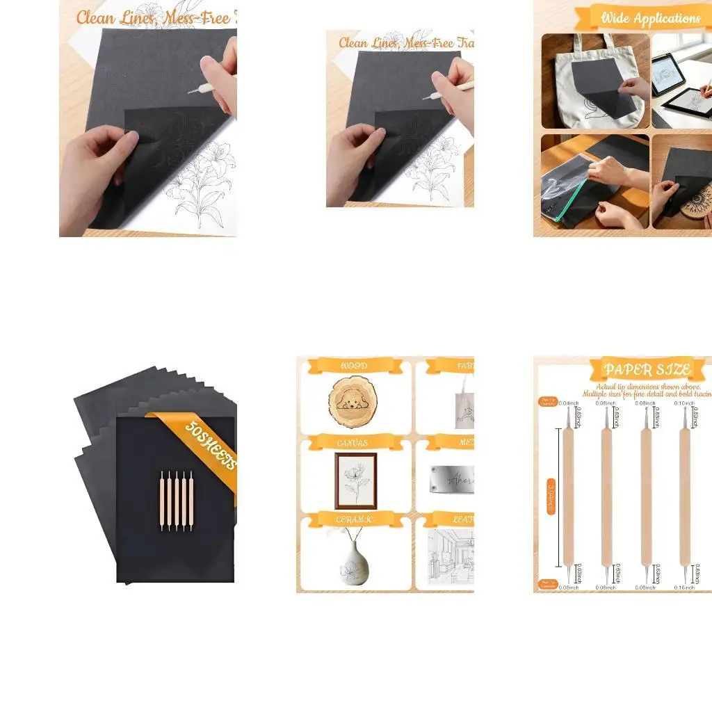 Carbon Transfer Tracing Paper Set for A4 Black Sheets 50 Sheet with 5 Tools for Design Drafting, Line Copying and Creative Work