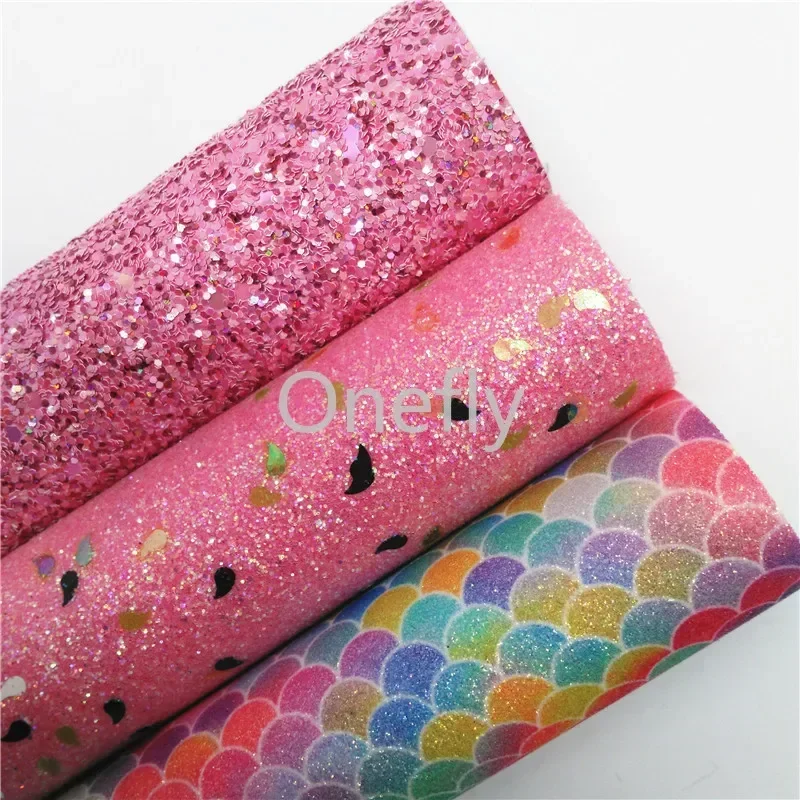 Onefly PINK Chunky Glitter Leather, Mermaid Faux Leather Glitter Fabric Sheets For Bow DIY  handbags shoes  BQ007