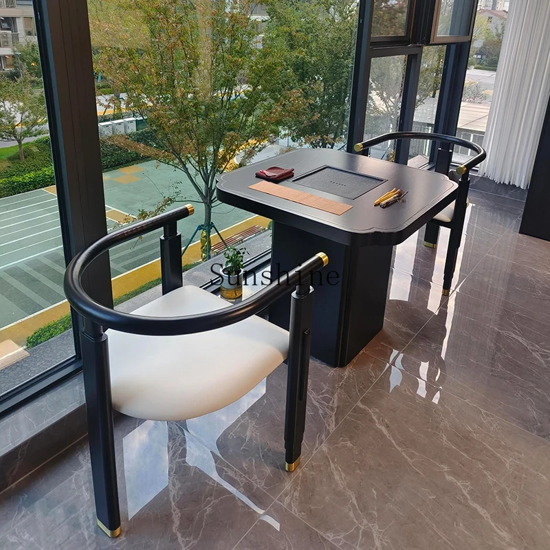 

New Chinese balcony solid wood high-end small household tea table black gold stone surface simple