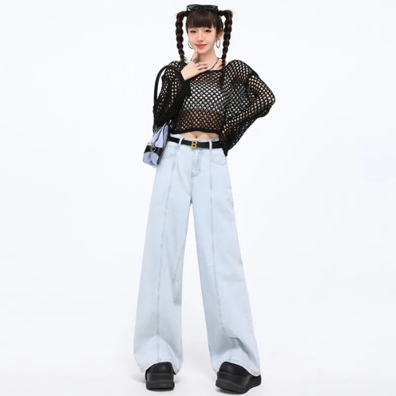 Pantalones vaqueros de cintura alta para mujer, pantalones vaqueros informales de pierna ancha, estilo americano Vintage, pantalones largos rectos cómodos azules