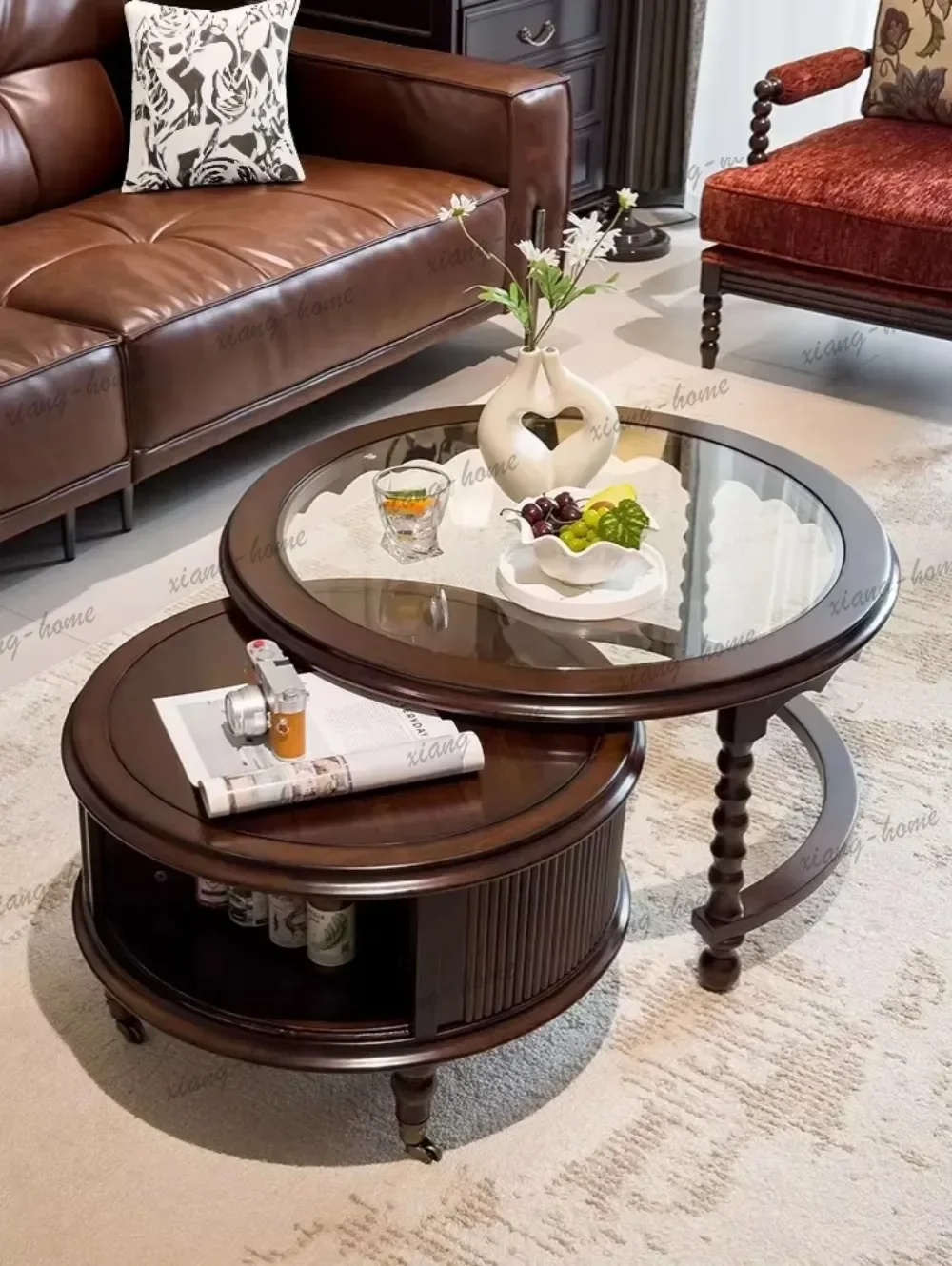 YJ 2‑in‑1 Nested Round Coffee Table Set, Mid‑Century Solid Wood Glass‑Top Storage Tea Table for Living Room Home Furniture