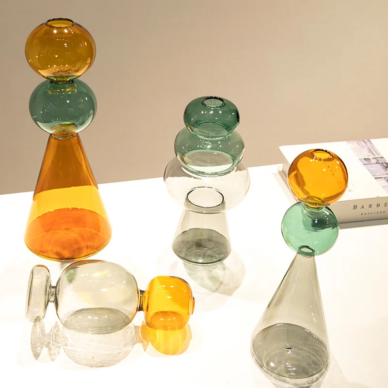 Glass Flower Vase Colorful Transparent Flower Bottle Modern Creativity Decorative Vases Living Room Decoration Accessories