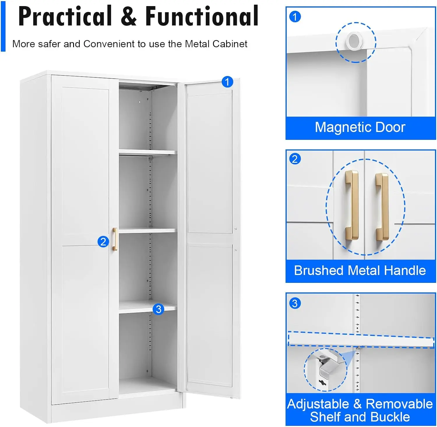 Kitchen Pantry Cabinet, Metal Pantry w/ Doors & Adjustable Shelves, 60'' Tall Utility Storage Cabinet w/ Handles for Dining Room