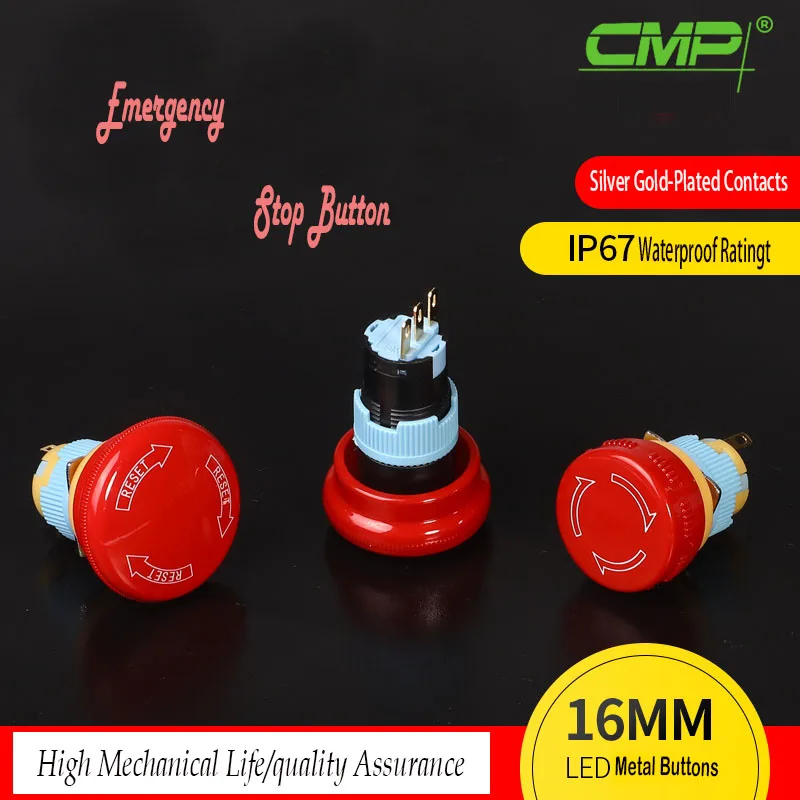 

16mm Emergency Stop Switch Plastic Waterproof Mushroom Head Push-Lock Turn-Reset 10pcs/pack