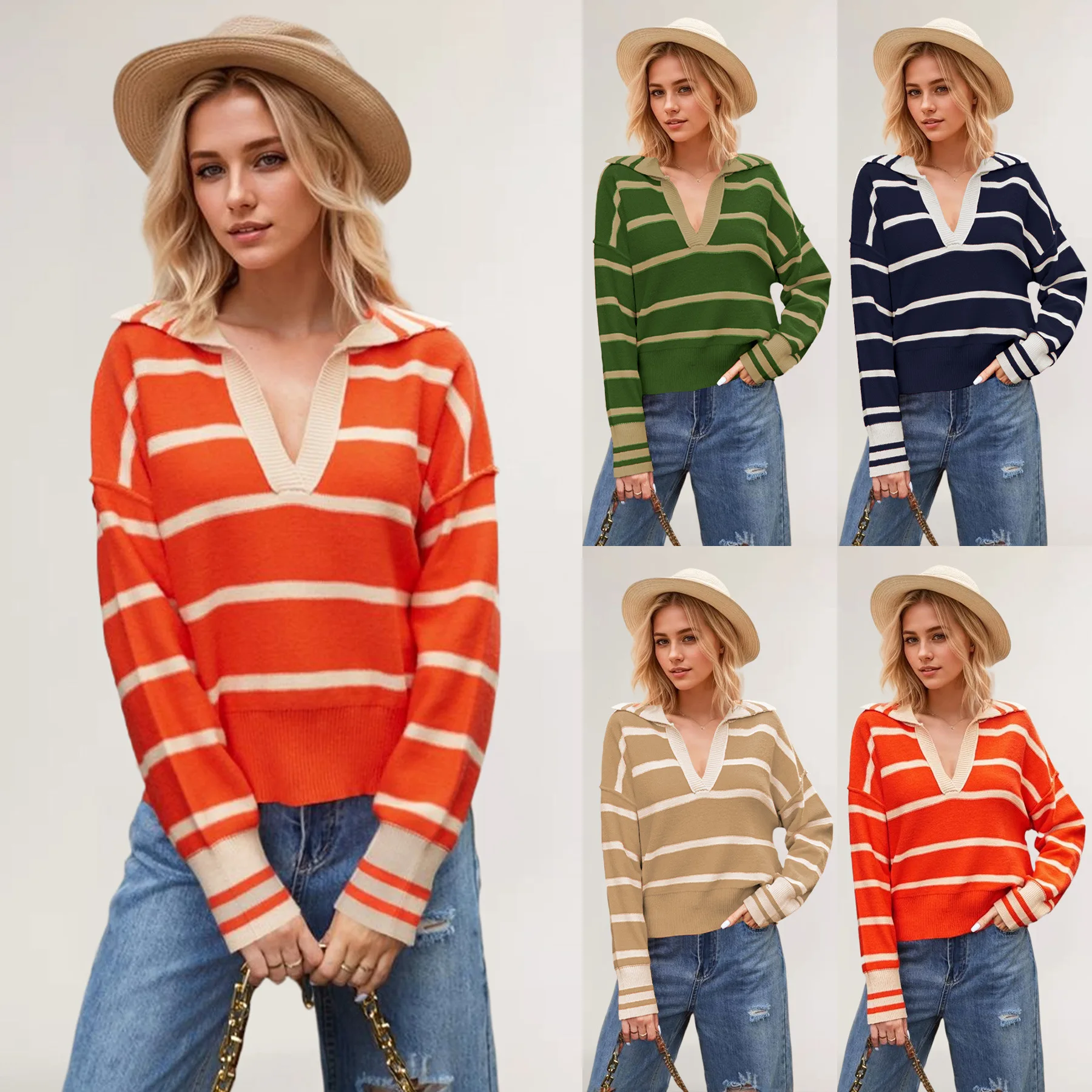 

W2024 Women's Tops Pullover Jumper Sweater Female Women's Loose Large Size Knitted Sweater with Patchwork Stripes and Lapel