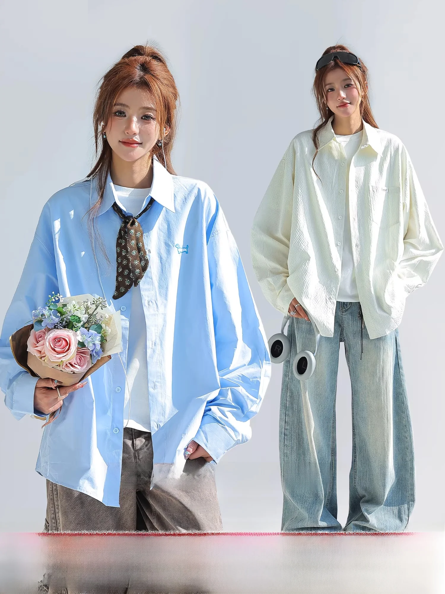 

Корейская женская рубашка с вышивкой и длинными рукавами, с милым изображением собаки дахунд, из хлопка, повседневная, свободного кроя, весенняя верхняя одежда