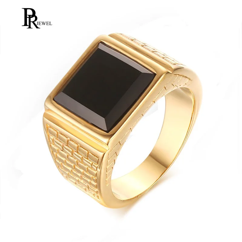 Fashion Gold Color Geometric Black Stone Ring Stainless Steel Minimalist Fine Jewelry For Men Women Party Gift