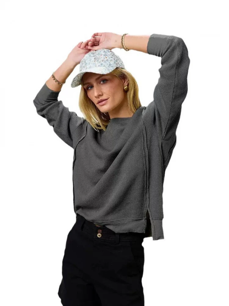 Faionable American Sle dames ronde Ne Knitwear lange Sve split trui losse pasvorm Lantern Sve kleur streetwear