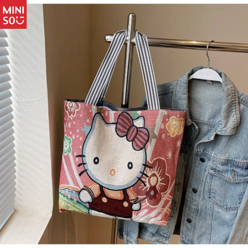 Miniso Embroidered Tote Bag, Large Student Commuter, Knit Shoulder Purse