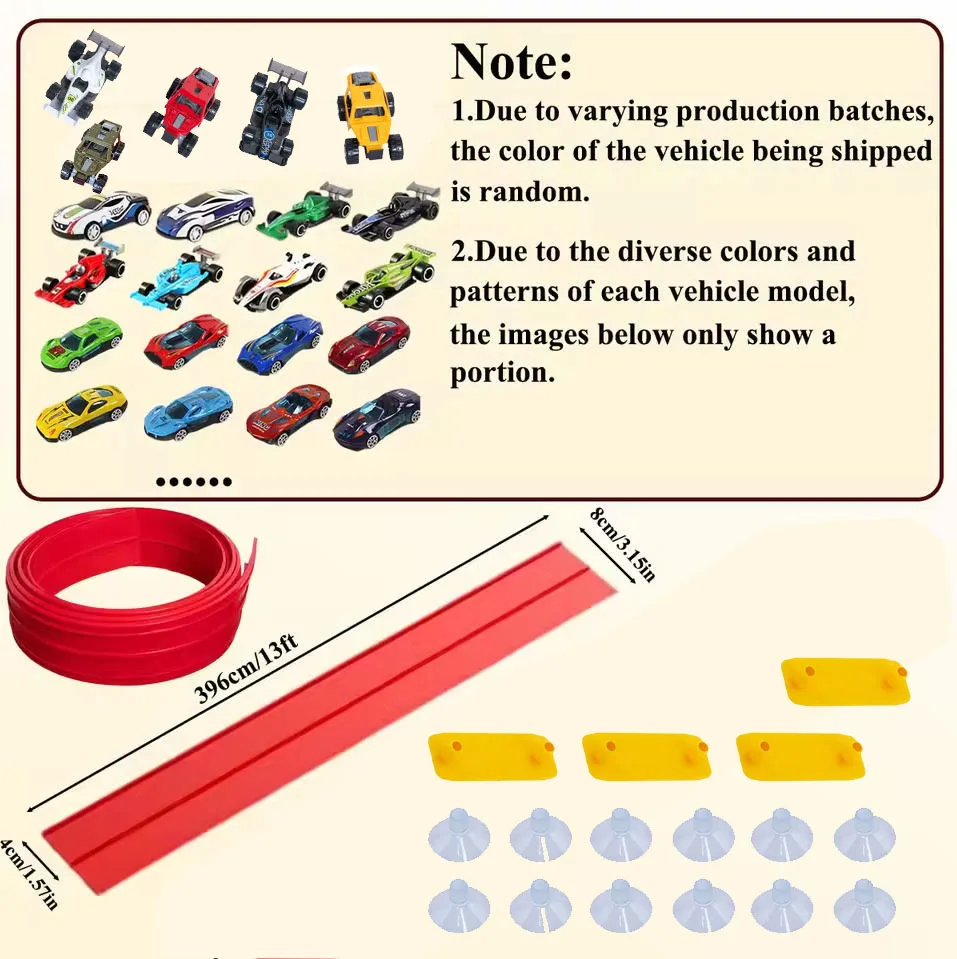 Conjunto de partida clássico Red Track, trilho flexível para rampa de carro de corrida para maiores de 3 anos com ventosas compatíveis com carros 1/64
