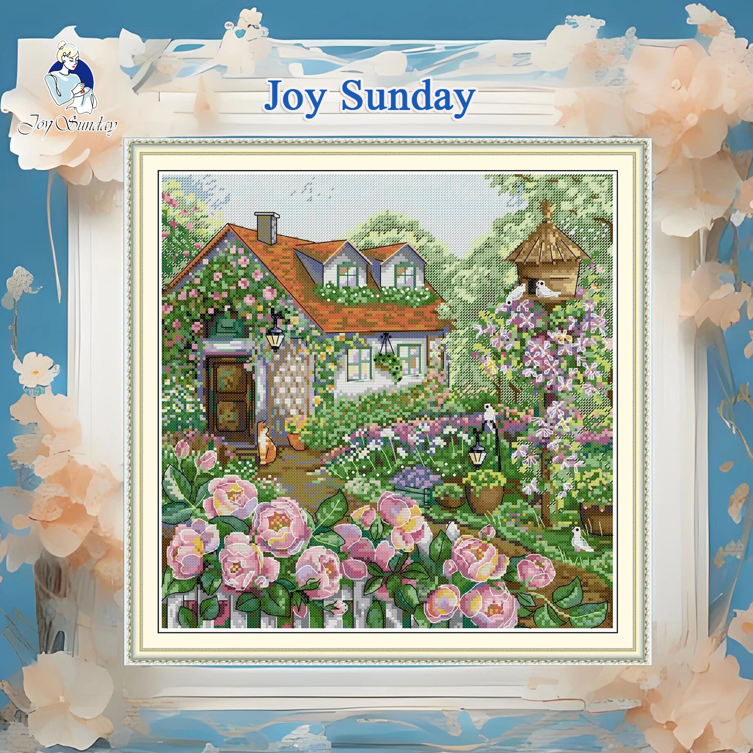 

Joy Sunday Pre-printed Cross Stitch Kit Easy Pattern Aida Stamped Fabric Embroidery Set-The Rose Cottage