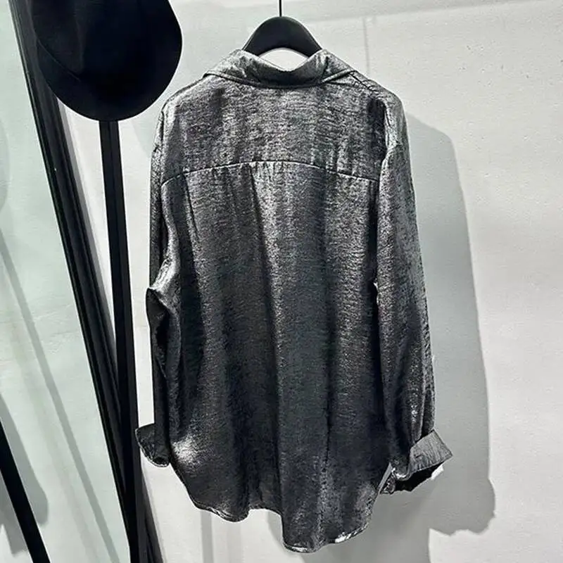 Sparkling Silver Personalized Reflective Cool Shirt Fashionable 2025 Turn-down Collar Single Breast Male Tops CFDR56