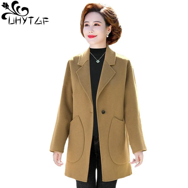 

UHYTGF Middle Aged Elderly Mother Autumn Winter Woolen Coat Women High-End Double-Sided Wool Jacket Female Casual Outerwear 2364