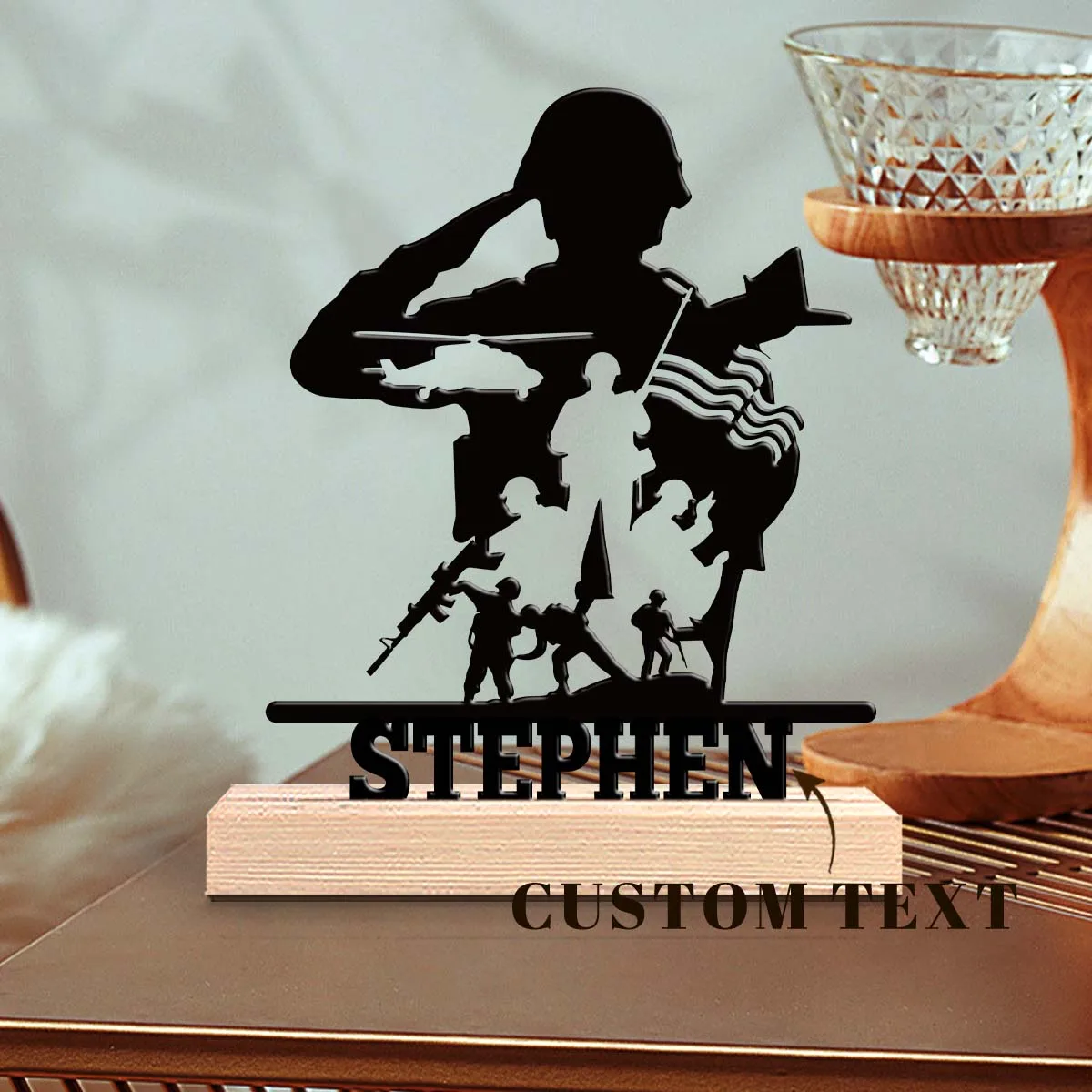 1pc Personalized Desktop Metal Ornaments Customizable Name Equipped with Wooden Base Desktop Decorations,Office Decorations