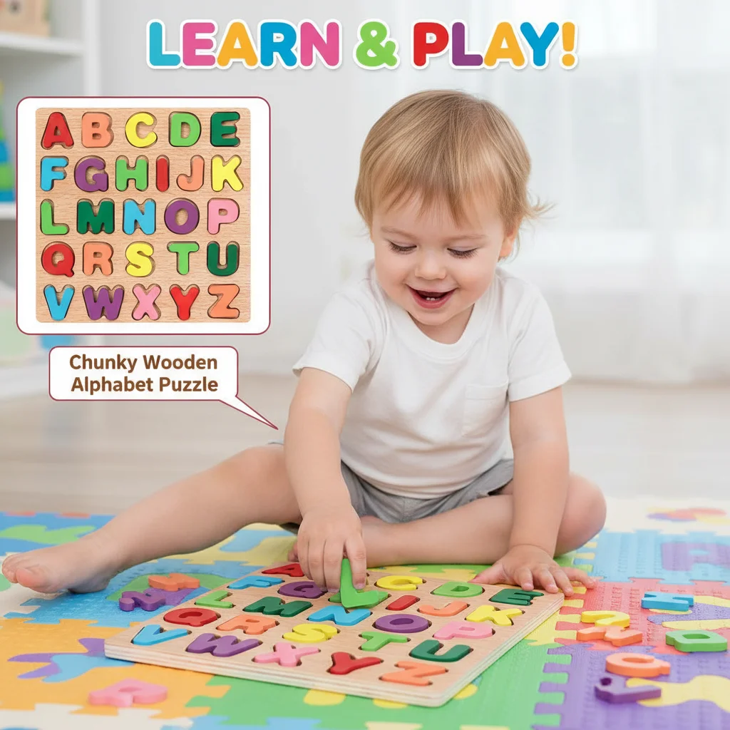 

Children's Wooden Educational Toys Hand-held Board Puzzle with Numerals Letters Geometric Shapes for Early English Learning