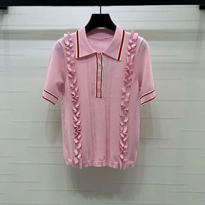 Sweet Preppy Style Ruffled Lapel Knit Short Sleeve Top