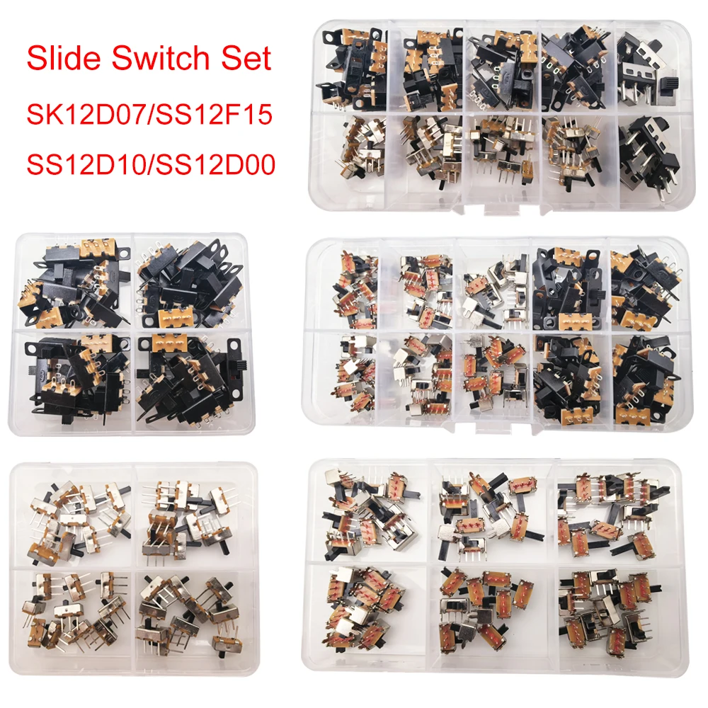 Juego de 5 tipos de interruptores deslizantes Micro Mini SPDT 1p2t interruptores de palanca SS12D00 SS12F15 SS12D10 SK12D07 2 posiciones 3 pines pequeño miniatura
