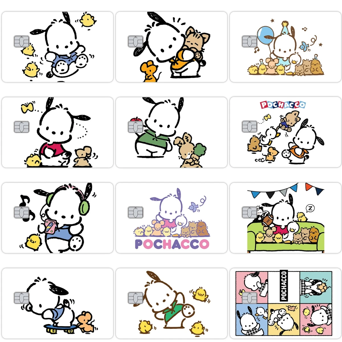 

Наклейки-пленки Pochacco Cartoon DIY для банковских карт: ультратонкие, не выцветающие, с аниме-дизайном, кавайные, для девочек, для проездных билетов, самоклеящиеся
