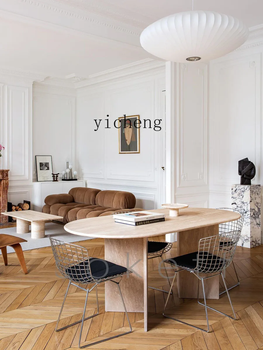 ZZ modern minimalist wabi-sabi wind travertine oval dining table light luxury high-end marble table