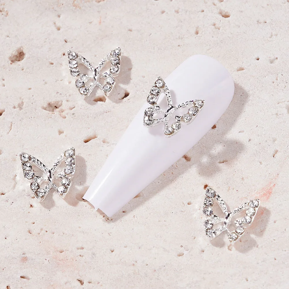 -abalorios para uñas de aleación de mariposa, 10 Uds., 3D, oro/plata, mariposa, cristal, diamantes de imitación, joyería para uñas, accesorios de decoración artística para uñas DIY