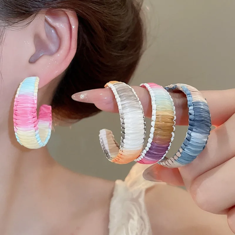 

Minar Unique Design Rainbow Gradient Color Rattan Knit Woven Rope Chunky C Shaped Large Hoop Earrings for Women Beach Jewelry