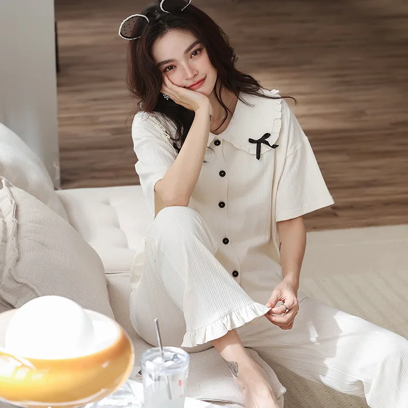 

Spring Summer Casual Elastic Waist Pajamas Set White Zebra Stripes Home Wear New Cotton Female Short Sleeve Pants Trouser Suits