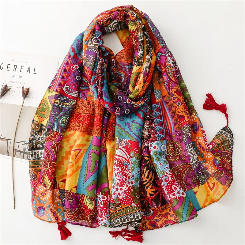 Thin Fashion Aztec Paisley Floral Tassel Viscose Shawl Scarf High Quality Wrap Pashmina Stole Bufandas Muslim Hijab 180*90Cm