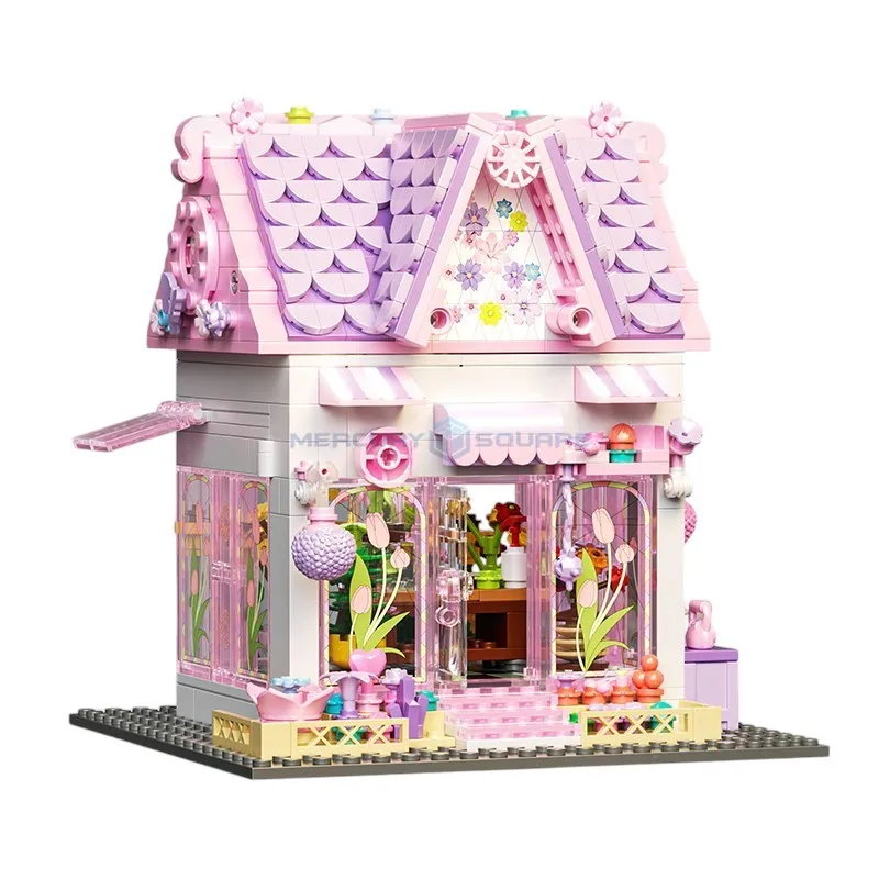 Pink Cottage MOC 33223 Cozy Cabin House Bungalow Architecture Bricks Flower Room Model Building Blocks Gift Ideas Toy Kids Girls