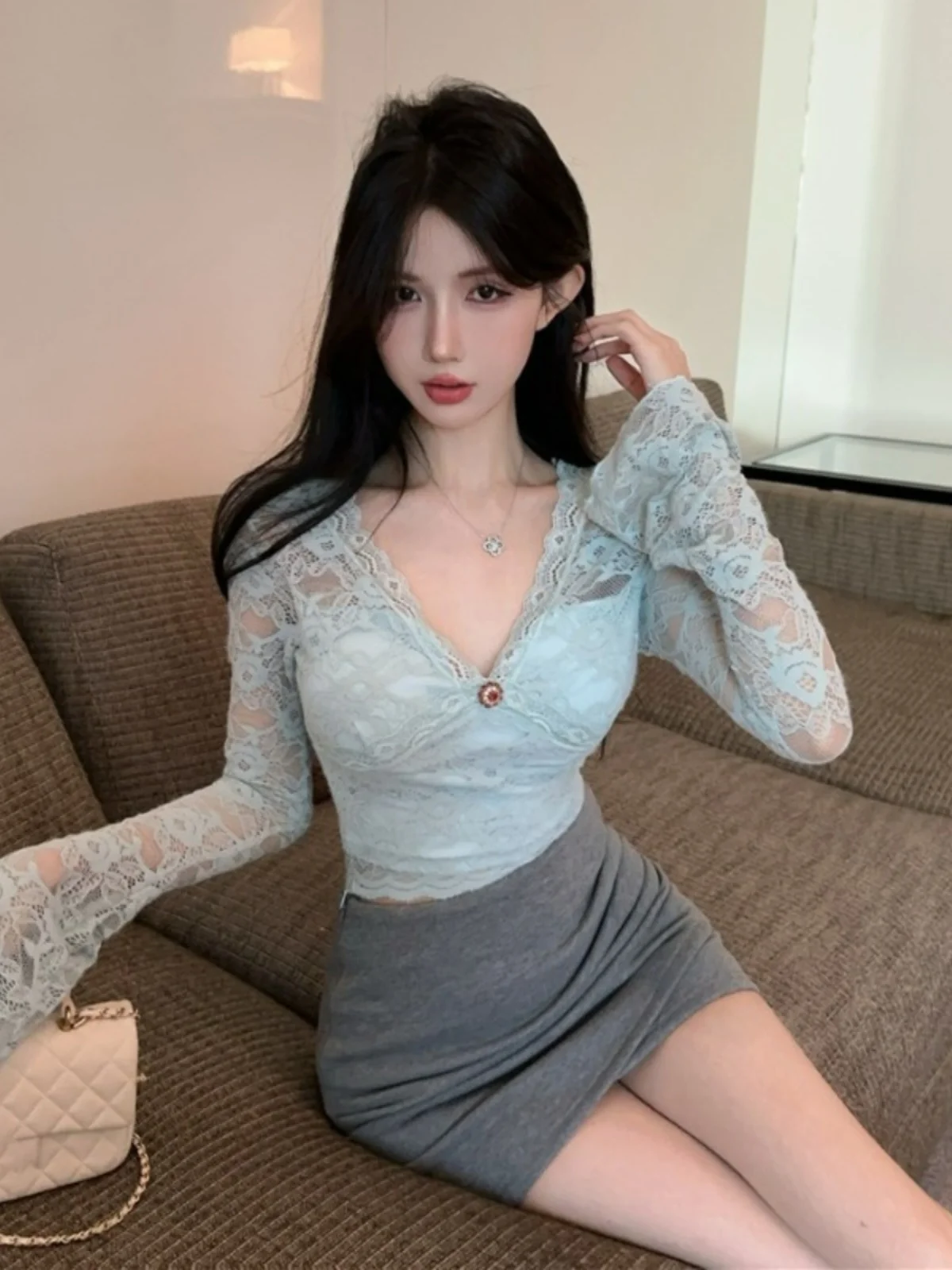 Ele Lace Crop Top And High Waist  Skirt Set Beautiful Sexy Two Piece Outfit for Autumn Faionable Sister Sle