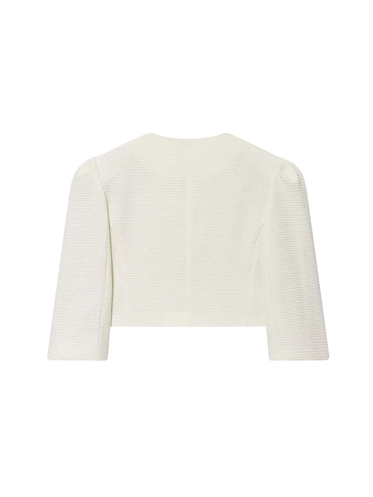 TFMLN Women Elegant Puffed Sleeves Short Jacket  Solid Round Collar Single Breasted Half Sleeve Cropped Coats Fashion Outerwear