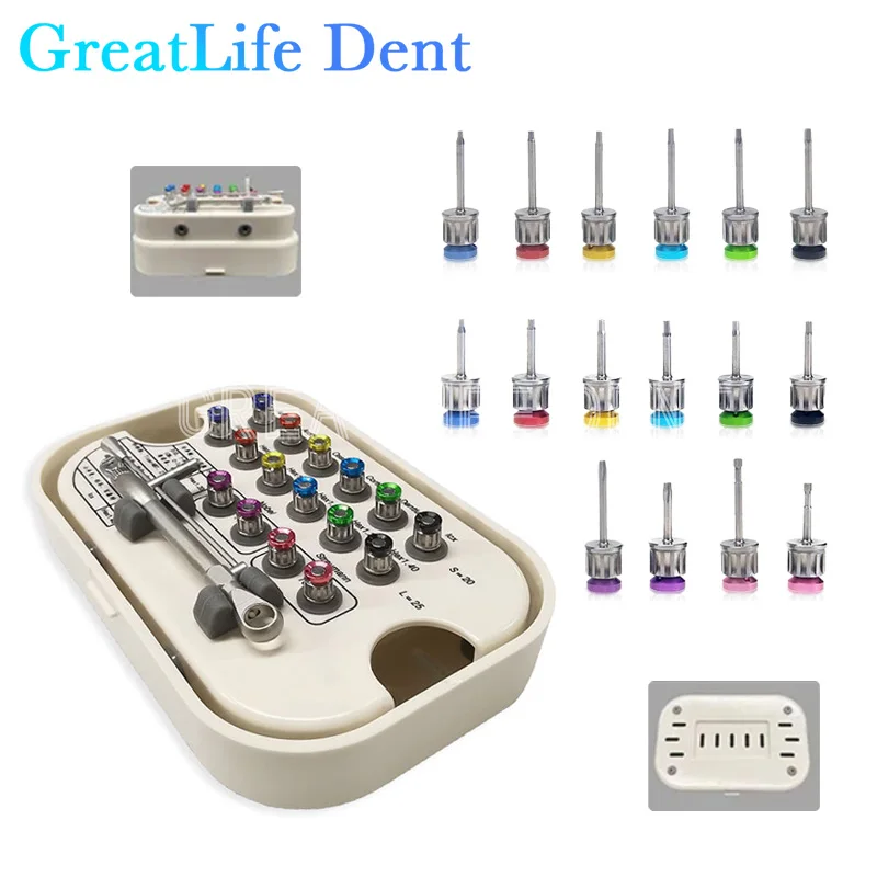 

GreatLife Dent Dental Screwdriver Prosthetic Kit 10-70NCM Ratchet Short and Long Hand Driver Dentistry 16pc Implant Repair Tools