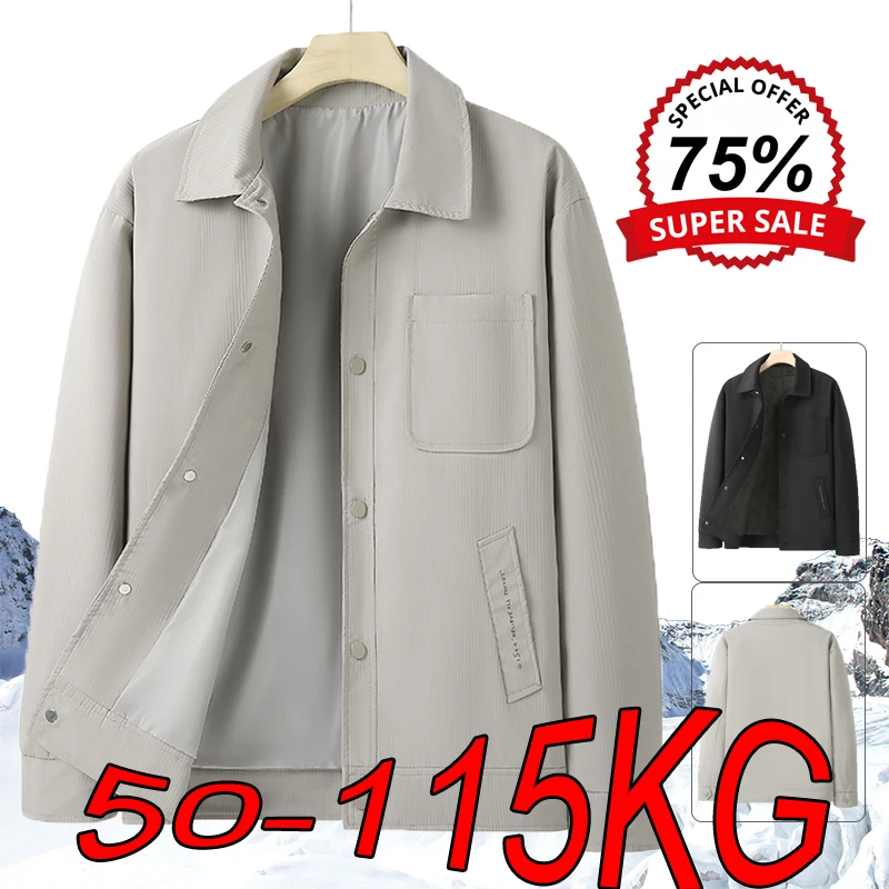 M-6XL Thickened Jackets Men's Autumn Business Casual Lapel Top Oversized Solid Color Plus Size Single-breasted Placket Coats