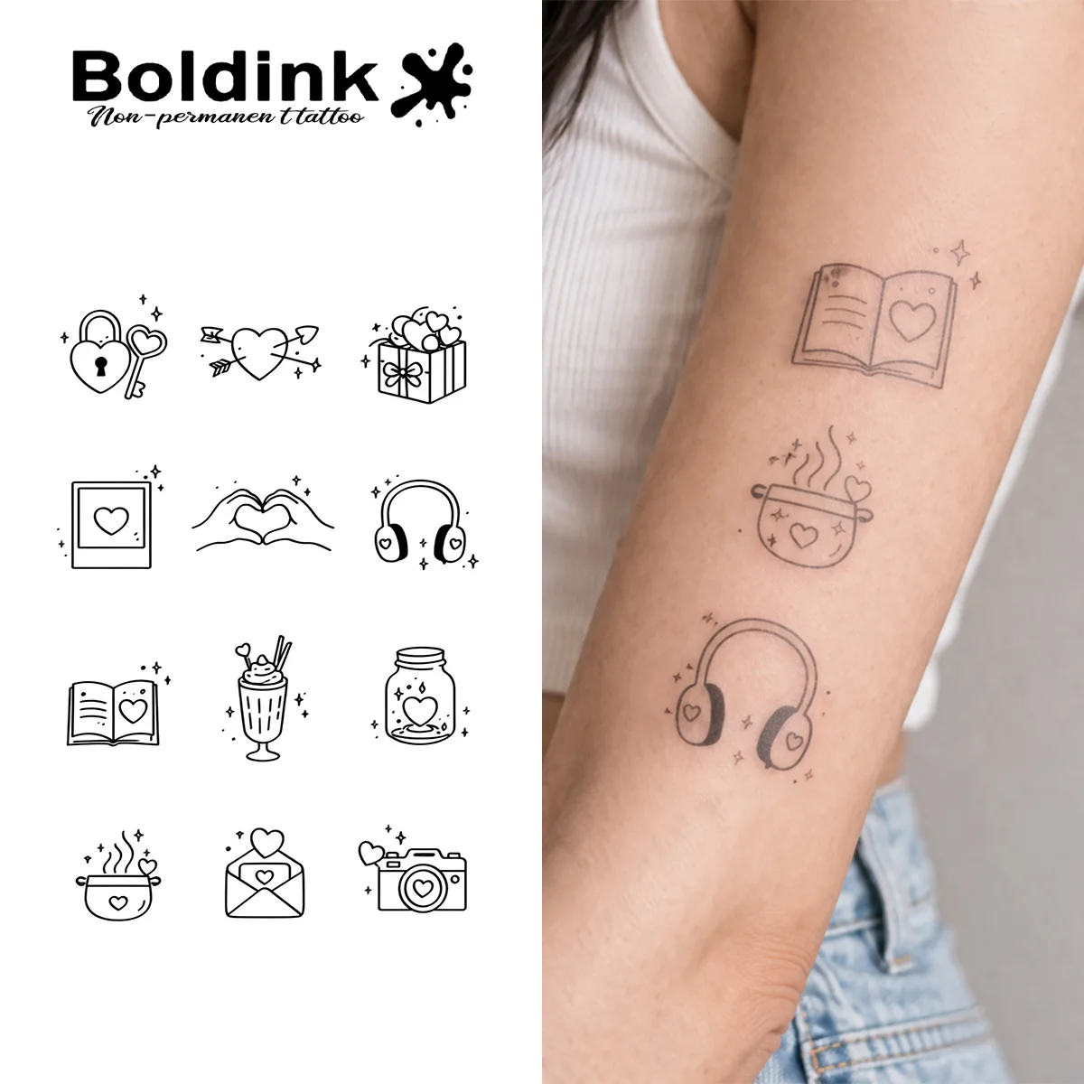 Boldink Plant-based Cozy Life Item Tattoo Set for Book, Heart Lock, Headphone & Gift Box Lovers, Gentle Everyday Vibe & Soft Aes